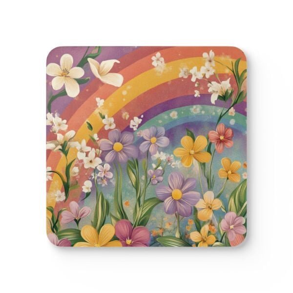 Set of coasters with pastel rainbow colors floral print with a rainbow in the background. Shown stacked on a table.