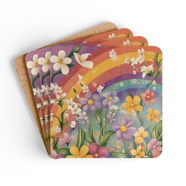 Set of coasters with pastel rainbow colors floral print with a rainbow in the background. Shown stacked on a table.
