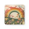 Sage and terracotta colors floral print with a rainbow in the background. Show on a square coaster.