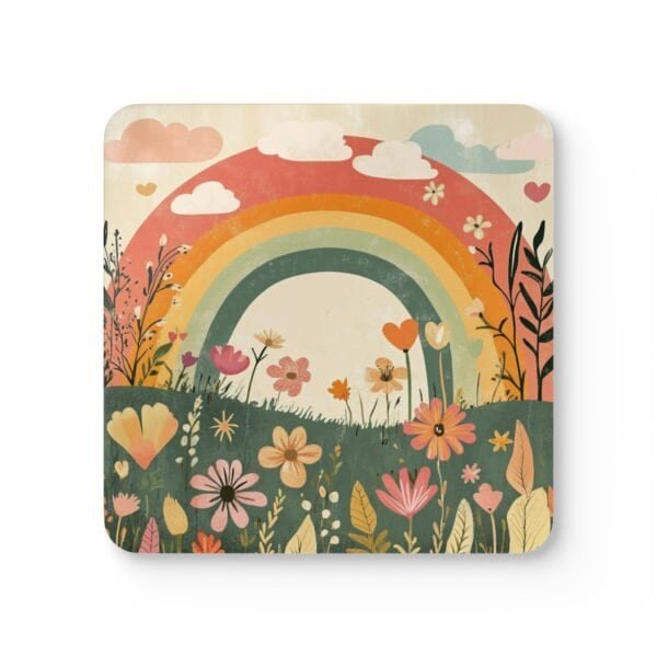 Sage and terracotta colors floral print with a rainbow in the background. Show on a square coaster.