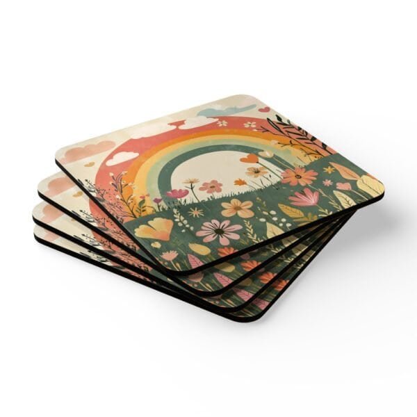 Set of coasters with sage and terracotta colors floral print with a rainbow in the background. Shown stacked on a table.