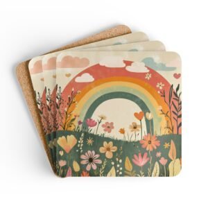 Set of coasters with sage and terracotta colors floral print with a rainbow in the background. Shown stacked on a table.