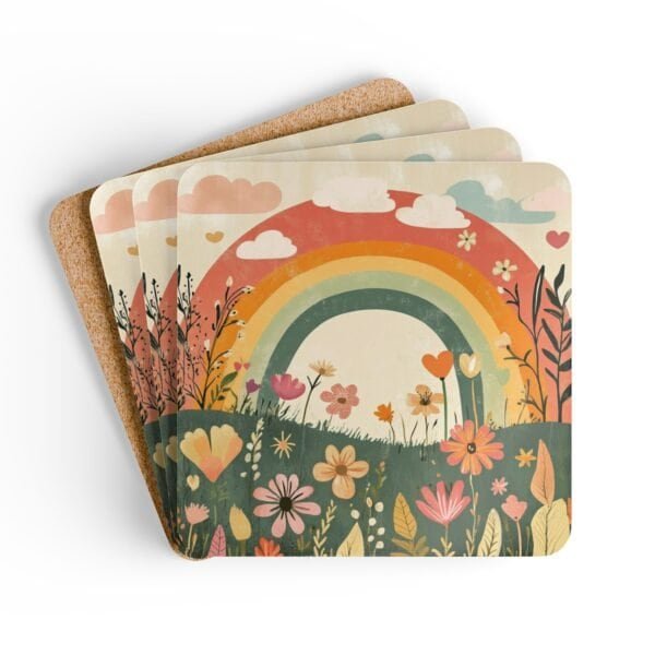 Set of coasters with sage and terracotta colors floral print with a rainbow in the background. Shown stacked on a table.