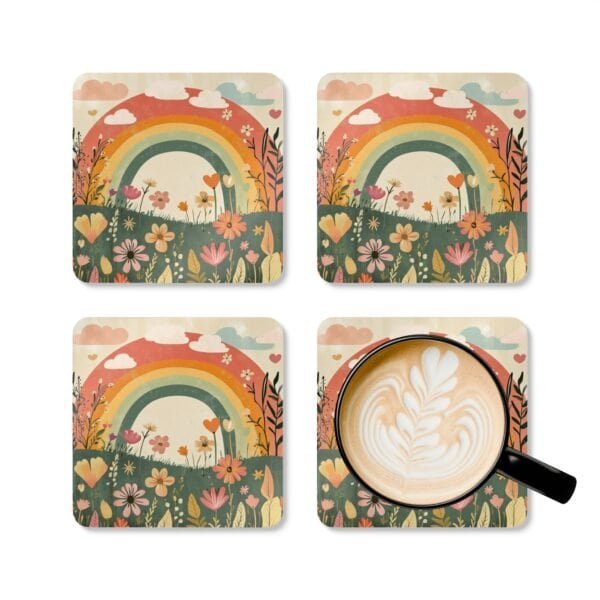 Set of coasters with sage and terracotta colors floral print with a rainbow in the background. Shown with a mug for scale.