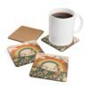 Set of coasters with sage and terracotta colors floral print with a rainbow in the background. Shown with a mug for scale.