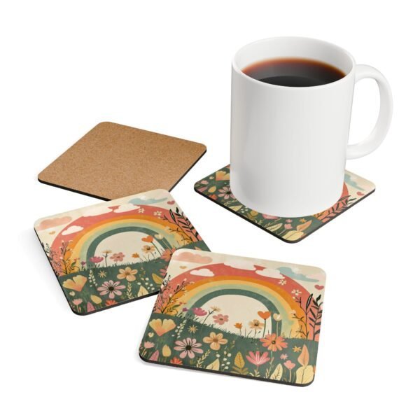 Set of coasters with sage and terracotta colors floral print with a rainbow in the background. Shown with a mug for scale.