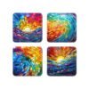 Set of 4 square coasters with a rainbow mosaic stained glass style image printed on each one.