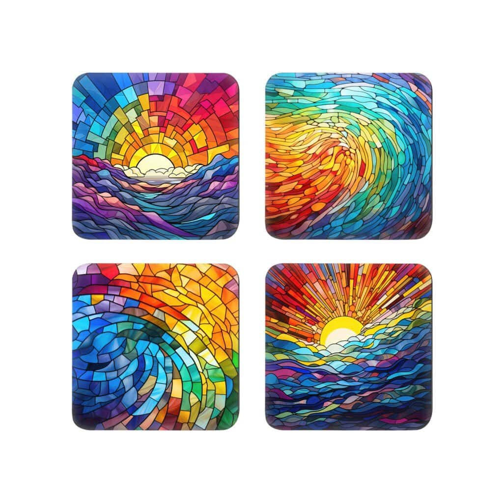 Set of 4 square coasters with a rainbow mosaic stained glass style image printed on each one.