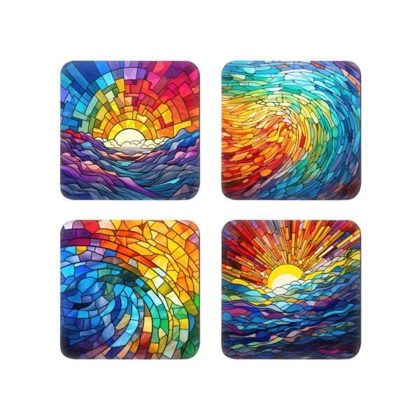 Set of 4 square coasters with a rainbow mosaic stained glass style image printed on each one.