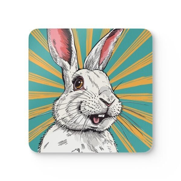 Retro comic style white bunny rabbit with aqua and yellow starburst background.