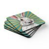 Coaster set with image of a retro comic style white bunny rabbit with aqua and yellow starburst background.
