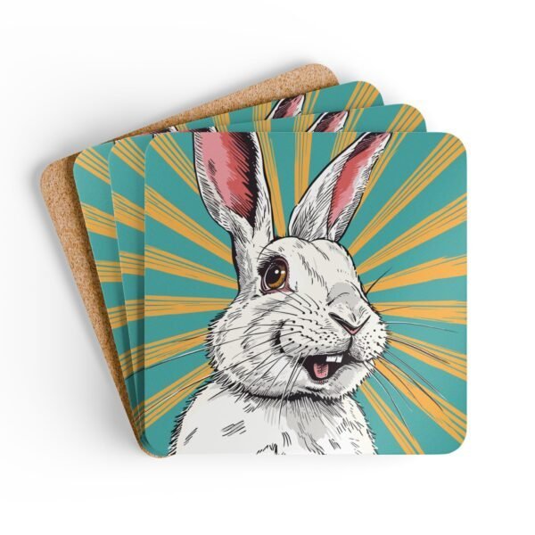 Coaster set with image of a retro comic style white bunny rabbit with aqua and yellow starburst background.