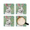 Coaster set with image of a retro comic style white bunny rabbit with aqua and yellow starburst background.