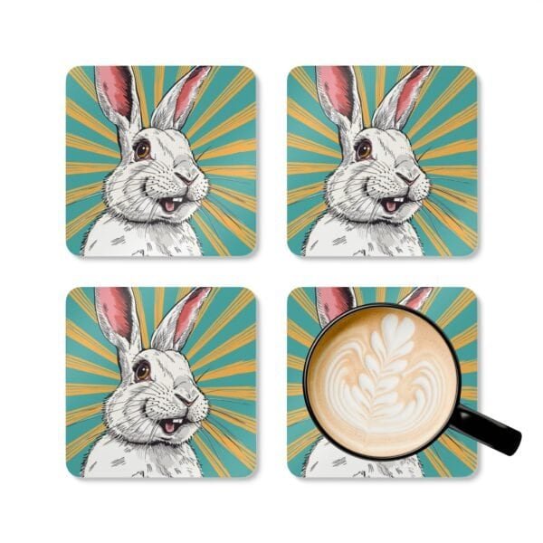 Coaster set with image of a retro comic style white bunny rabbit with aqua and yellow starburst background.