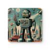 Square coaster with an image of a retro mid century modern design robot printed on it.