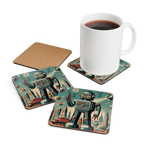 Set of four square coasters with an image of a retro mid century modern design robot printed on them. Shown with a mug for scale.