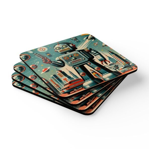 Set of four square coasters with an image of a retro mid century modern design robot printed on them. Shown stacked on a table.