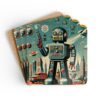 Set of four square coasters with an image of a retro mid century modern design robot printed on them. Shown stacked on a table.