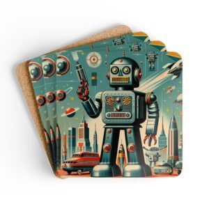 Set of four square coasters with an image of a retro mid century modern design robot printed on them. Shown stacked on a table.