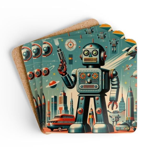 Set of four square coasters with an image of a retro mid century modern design robot printed on them. Shown stacked on a table.