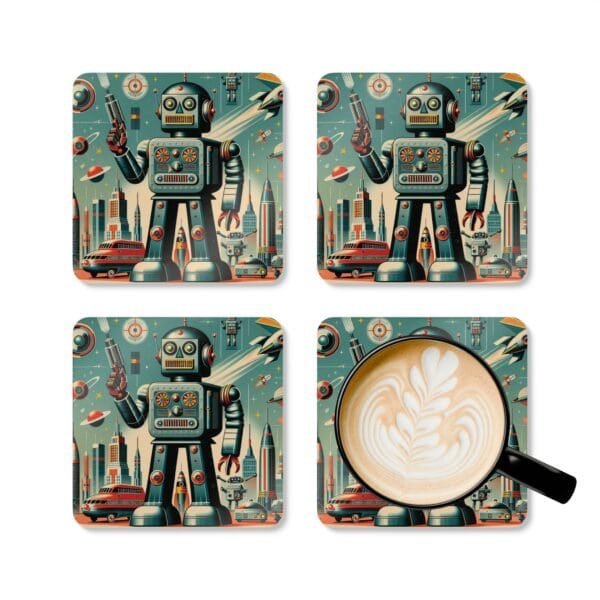 Set of four square coasters with an image of a retro mid century modern design robot printed on them. Shown with a mug for scale.