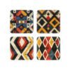 Set of 4 square coasters with a geometric tribal designs printed on them. Each one has a slightly different coordinating design.