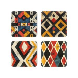 Set of 4 square coasters with a geometric tribal designs printed on them. Each one has a slightly different coordinating design.
