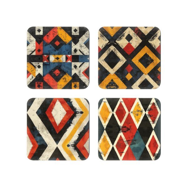 Set of 4 square coasters with a geometric tribal designs printed on them. Each one has a slightly different coordinating design.