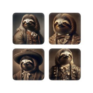 Set of 4 square coasters with an image of a portrait anthropomorphic sloth dressed in Victorian clothing.
