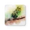 Square coaster with watercolor image of a green and yellow Parakeet printed on it.