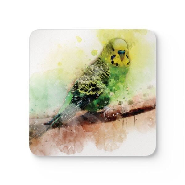 Square coaster with watercolor image of a green and yellow Parakeet printed on it.