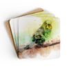 Set of four square coasters with watercolor image of a green and yellow Parakeet printed on each one. They are shown stacked on a table.