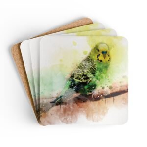 Set of four square coasters with watercolor image of a green and yellow Parakeet printed on each one. They are shown stacked on a table.