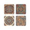 Set of 4 square coasters with watercolor style mandalas in earthy tones on each one.