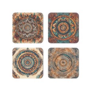 Set of 4 square coasters with watercolor style mandalas in earthy tones on each one.