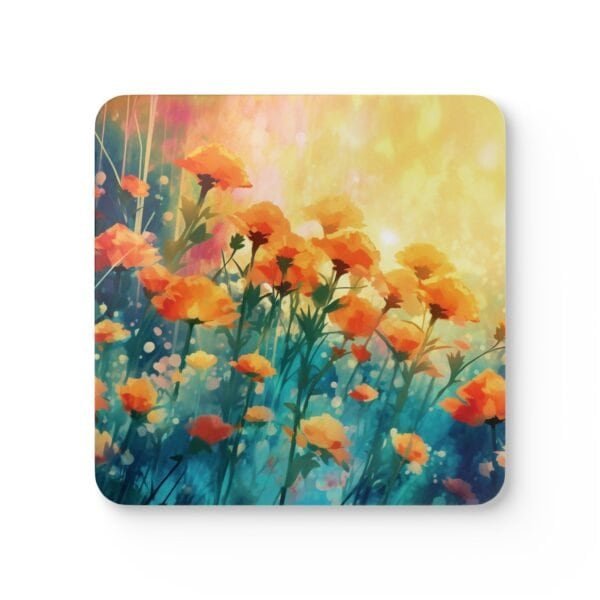Square coaster with a watercolor image of poppies.
