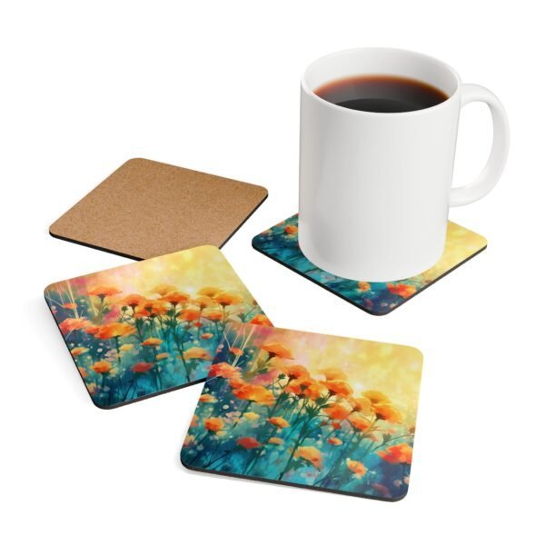 Set of four square coasters with a watercolor image of poppies printed on them. Shown with a mug for scale.