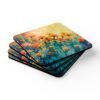 Set of four square coasters with a watercolor image of poppies printed on them. Shown stacked on a table.