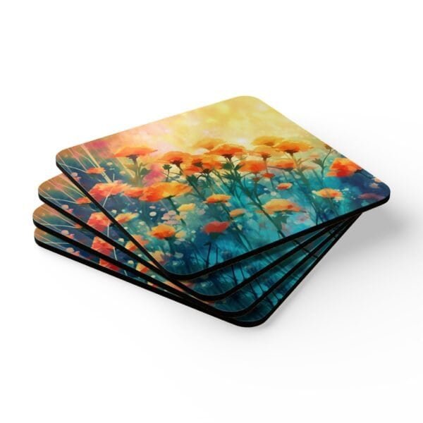 Set of four square coasters with a watercolor image of poppies printed on them. Shown stacked on a table.