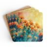 Set of four square coasters with a watercolor image of poppies printed on them. Shown stacked on a table.