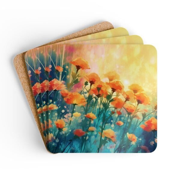 Set of four square coasters with a watercolor image of poppies printed on them. Shown stacked on a table.