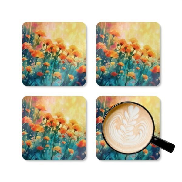 Set of four square coasters with a watercolor image of poppies printed on them. Shown with a mug for scale.