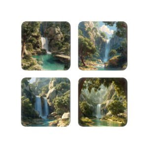 Set of 4 coasters with images of waterfalls in nature.
