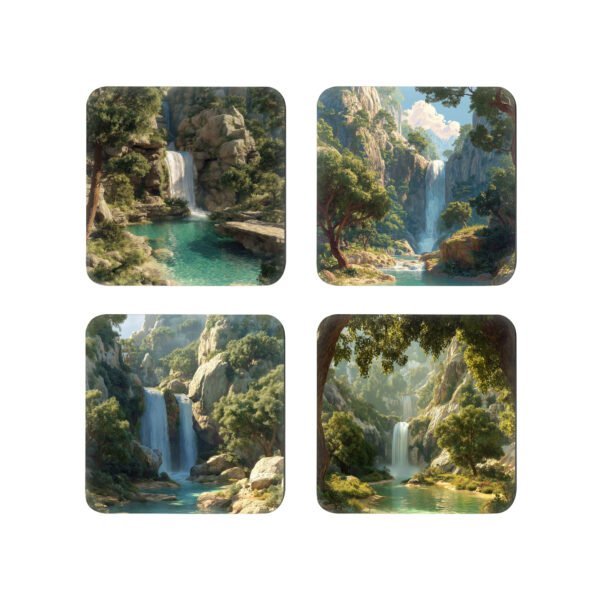 Set of 4 coasters with images of waterfalls in nature.