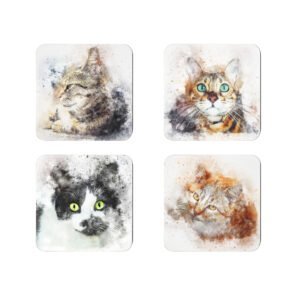 Set of 4 coordinating coasters with watercolor style cat images in a grid.