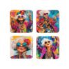 Coaster set with 4 images of a stylized image of a grey haired woman wearing super bright colors.