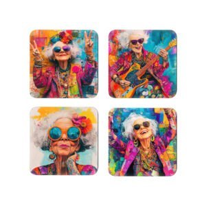 Coaster set with 4 images of a stylized image of a grey haired woman wearing super bright colors.