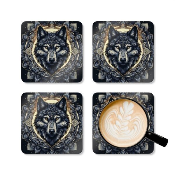 Wolf face with a mandala style background coaster set shown with mug for scale.