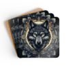 Wolf face with a mandala style background coaster set stacked on a table.