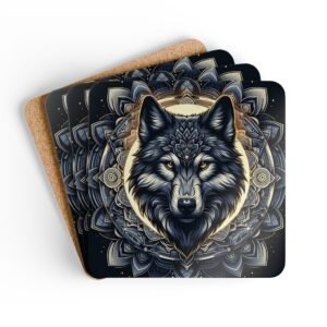 Wolf face with a mandala style background coaster set stacked on a table.